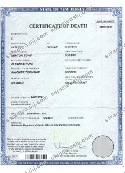 USA New Jersey certificate of death